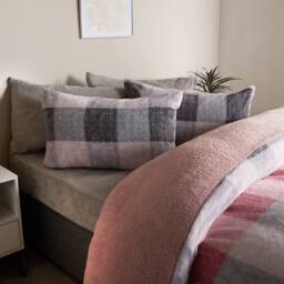 OHS Gingham Teddy Fleece Duvet Cover Pillowcase Check Bedding Set in Pink - Size: Double - thumbnail 2