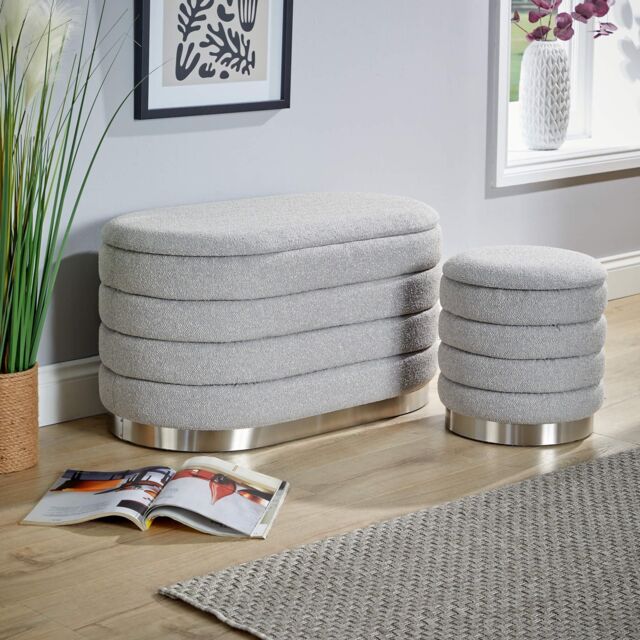 Home Source Set 2 Storage Ottoman Boucle Teddy Fur Footstool Bedroom Bench Storage in Grey - Size: 2 Pack - image 1