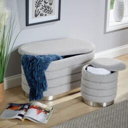 Home Source Set 2 Storage Ottoman Boucle Teddy Fur Footstool Bedroom Bench Storage in Grey - Size: 2 Pack - thumbnail 4