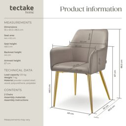 tectake Dining Chair Avane Set Of 2 - Taupe - Size: 2 Pack - thumbnail 6