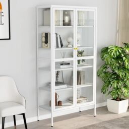 Berkfield Home Display Cabinet White 90x40x180 cm Steel & Tempered Glass - Size: 90 x 40 x 180 cm