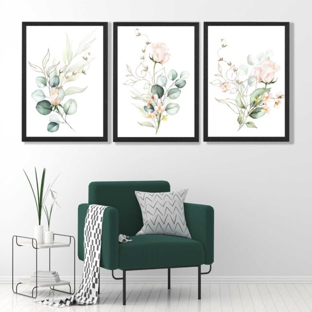 ARTZE Pink Floral Roses Set of 3 Wall Art Prints with Black Frame. Size: A3 in Rose - Size: W53 cm x H73 cm x D20mm - image 1