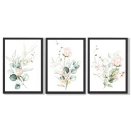ARTZE Pink Floral Roses Set of 3 Wall Art Prints with Black Frame. Size: A3 in Rose - Size: W53 cm x H73 cm x D20mm - thumbnail 2