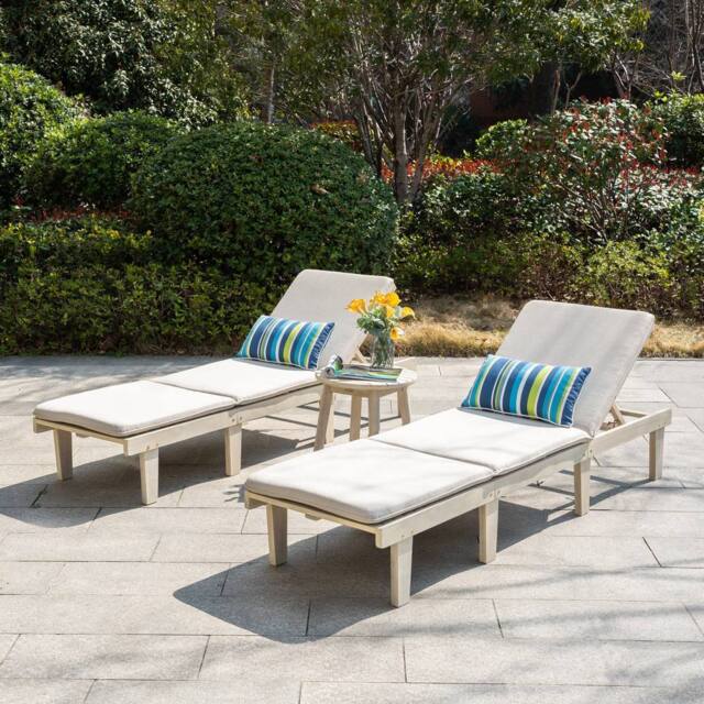 Direct Wicker Acacia Wood Adjustable Twin Lounge with Side Table in Cream - Size: 2 Person - image 1
