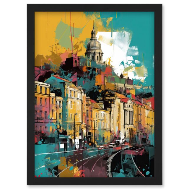 Artery8 Nottingham City Modern Multicoloured Cityscape Artwork Framed Wall Art Print A4 in Black - image 1