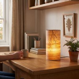 Happy Homewares Bamboo Wood Effect Table Lamp with Black Woodland Trees Inner Lining in Brown - thumbnail 6