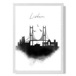 ARTZE Lisbon Watercolour Skyline City Framed Print SIZE: A2 with White Frame in Black - Size: A4 - thumbnail 1