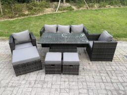 Fimous 8 Seater Outdoor Rattan Garden Furniture Sofa Set Patio Adjustable Rising Lifting Dining Table Set in Dark Grey - thumbnail 2