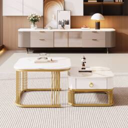 Merax 2 Piece High Gloss Marble Effect Nesting Coffee Table Set in White - thumbnail 6