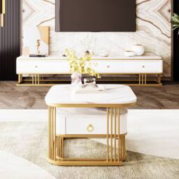 Merax 2 Piece High Gloss Marble Effect Nesting Coffee Table Set in White - thumbnail 4
