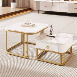 Merax 2 Piece High Gloss Marble Effect Nesting Coffee Table Set in White - thumbnail 5