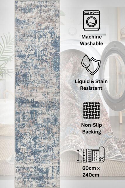 Kukoon Washable Runner Rug Blue Abstract Long Hallway Carpet Mat 60cm x 240cm in Mid Blue - Size: 60 cm x 240 cm - image 1
