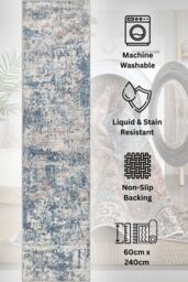 Kukoon Washable Runner Rug Blue Abstract Long Hallway Carpet Mat 60cm x 240cm in Mid Blue - Size: 60 cm x 240 cm - thumbnail 1