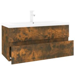 Berkfield Home Sink Cabinet with Built-in Basin Smoked Oak Engineered Wood in Brown - thumbnail 2