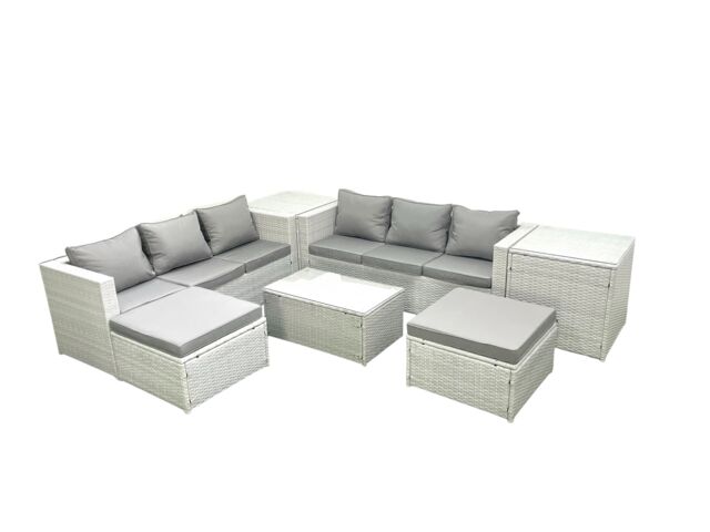Fimous Garden Outdoor PE Rattan Furniture Set 8 Seater Rattan Garden Sofa Set with 2 Big Footstools 2 Side Tables Light Grey Mixed - image 1