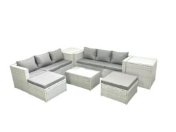 Fimous Garden Outdoor PE Rattan Furniture Set 8 Seater Rattan Garden Sofa Set with 2 Big Footstools 2 Side Tables Light Grey Mixed - thumbnail 1