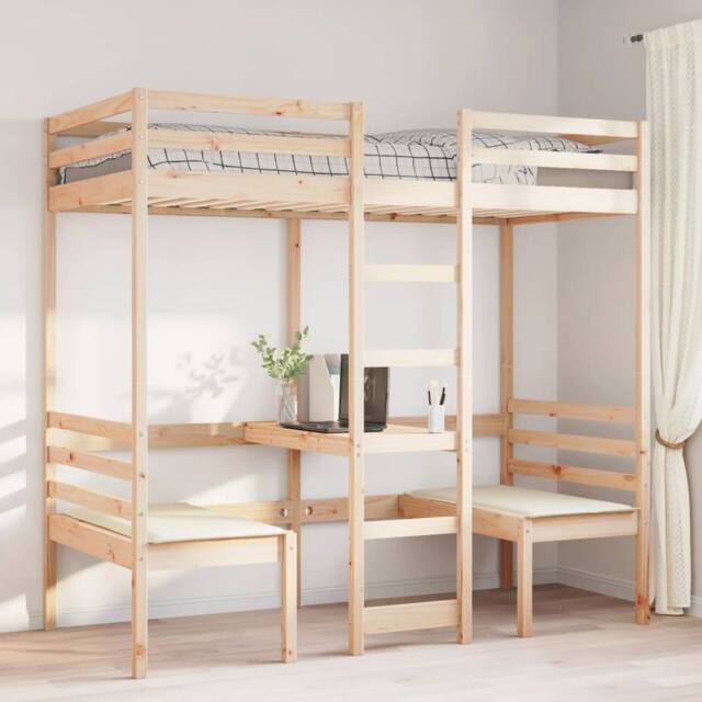 Berkfield Home Loft Bed Frame with Desk & Chairs 75x190cm Solid Wood Pine in Light Brown - Size: 75x190 cm - image 1