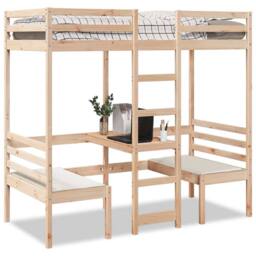 Berkfield Home Loft Bed Frame with Desk & Chairs 75x190cm Solid Wood Pine in Light Brown - Size: 75x190 cm - thumbnail 2