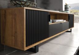 Creative Furniture Blackridge TV Unit 200cm - Dark Oak Body with Matte Black Fluted Fronts in Brown - thumbnail 3