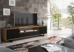 Creative Furniture Blackridge TV Unit 200cm - Dark Oak Body with Matte Black Fluted Fronts in Brown - thumbnail 2