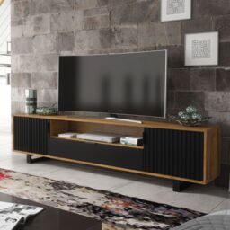 Creative Furniture Blackridge TV Unit 200cm - Dark Oak Body with Matte Black Fluted Fronts in Brown - thumbnail 6