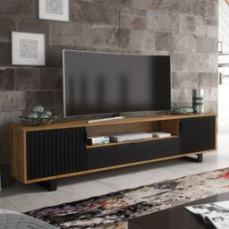 Creative Furniture Blackridge TV Unit 200cm - Dark Oak Body with Matte Black Fluted Fronts in Brown