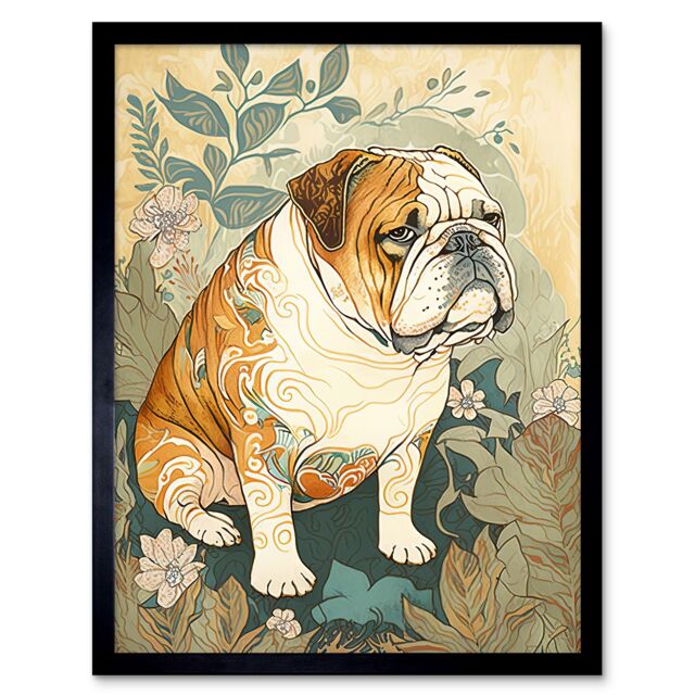 "Artery8 Wall Art Print Bulldog with Ornate Pattern Fur Coat in Flower Field Modern Watercolour Art Framed in Black - Size: W12"" x H16""" - image 1