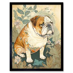 "Artery8 Wall Art Print Bulldog with Ornate Pattern Fur Coat in Flower Field Modern Watercolour Art Framed in Black - Size: W12"" x H16""" - thumbnail 1