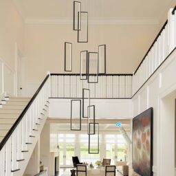 Garwarm Modern Staircase Chandelier, Dimmable LED Chandelier Lighting for High Ceiling in Black - thumbnail 1