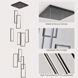 Garwarm Modern Staircase Chandelier, Dimmable LED Chandelier Lighting for High Ceiling in Black - thumbnail 7