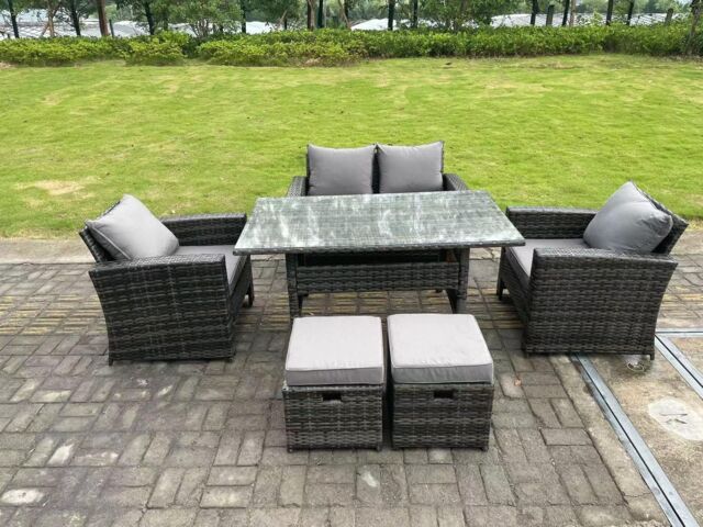 Fimous 6 Seater Outdoor Dark Grey Mixed High Back Rattan Sofa Double Sofa Dining Table Set Garden Furniture Stools