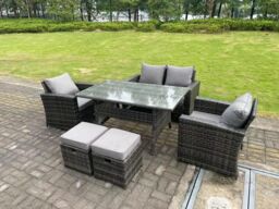 Fimous 6 Seater Outdoor Dark Grey Mixed High Back Rattan Sofa Double Sofa Dining Table Set Garden Furniture Stools - thumbnail 2