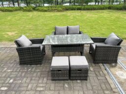 Fimous 6 Seater Outdoor Dark Grey Mixed High Back Rattan Sofa Double Sofa Dining Table Set Garden Furniture Stools - thumbnail 1