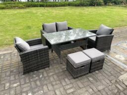 Fimous 6 Seater Outdoor Dark Grey Mixed High Back Rattan Sofa Double Sofa Dining Table Set Garden Furniture Stools - thumbnail 3