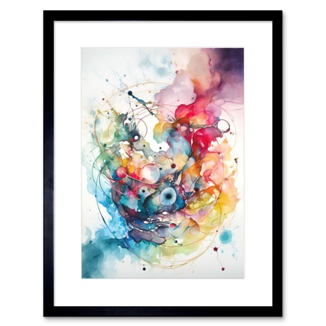 "Artery8 Wall Art Abstract Multicolour Splatter Paint Watercolour Framed 9X7"" in Black - Size: W7"" x H9""" - image 1