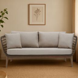 Orsina 3 Seat Sofa, Rattan Outdoor Sofa, Long Lasting Rattan Lounge Sofa for Living Room with Grey Cushioning in Cream
