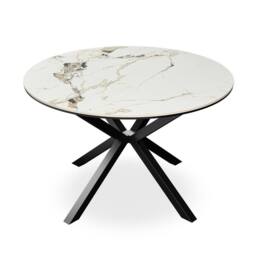 More4Homes Calne Calcutta Gold Ceramic Round Dining Table & 6 Myla Linen Chairs in Black - thumbnail 2