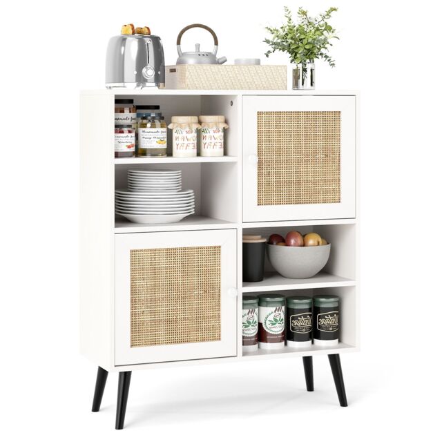 Gymax Rattan Sideboard Buffet Cabinet Boho Accent Cabinet With 4 Cubbies in Khaki - image 1