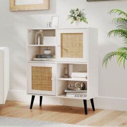 Gymax Rattan Sideboard Buffet Cabinet Boho Accent Cabinet With 4 Cubbies in Khaki - thumbnail 7
