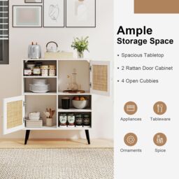 Gymax Rattan Sideboard Buffet Cabinet Boho Accent Cabinet With 4 Cubbies in Khaki - thumbnail 3