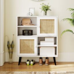 Gymax Rattan Sideboard Buffet Cabinet Boho Accent Cabinet With 4 Cubbies in Khaki - thumbnail 9