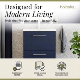 Balterley Contemporary Bathroom Floor Standing 2 Soft-Close Drawer Vanity Unit & Mid-Edge Ceramic Basin, Midnight Blue, 600 mm in Blue - thumbnail 2