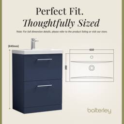 Balterley Contemporary Bathroom Floor Standing 2 Soft-Close Drawer Vanity Unit & Mid-Edge Ceramic Basin, Midnight Blue, 600 mm in Blue - thumbnail 5
