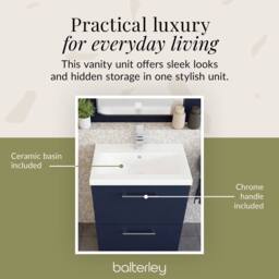 Balterley Contemporary Bathroom Floor Standing 2 Soft-Close Drawer Vanity Unit & Mid-Edge Ceramic Basin, Midnight Blue, 600 mm in Blue - thumbnail 7