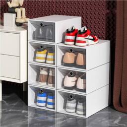 Kelvenix White Plastic Shoe Storage Boxes Drawer Stackable Foldable - thumbnail 4