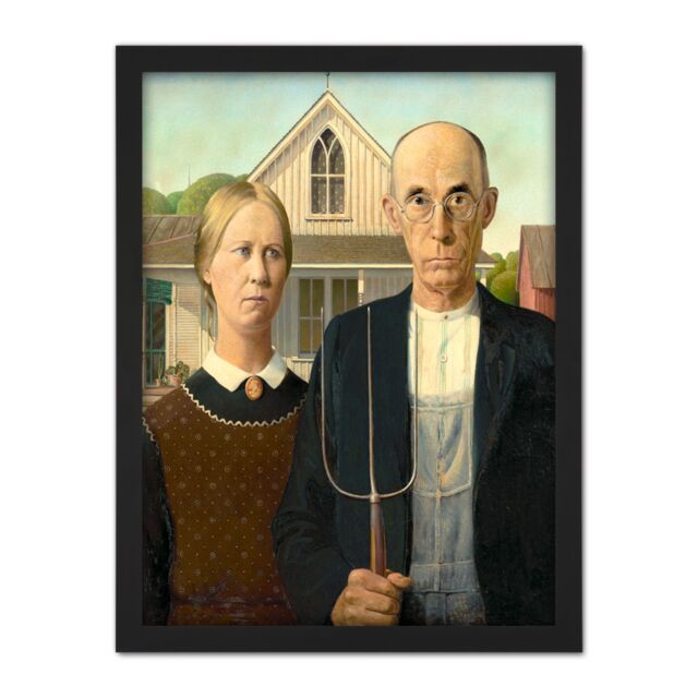 "Artery8 Wall Art Print Grant Wood American Gothic Painting Large Framed Wall Décor Art in White - Size: W18"" x H24""" - image 1