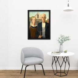 "Artery8 Wall Art Print Grant Wood American Gothic Painting Large Framed Wall Décor Art in White - Size: W18"" x H24""" - thumbnail 2