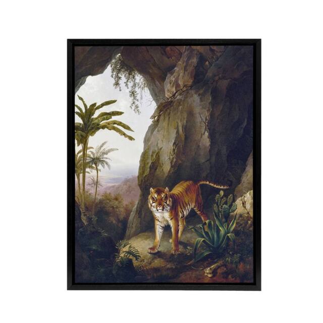 "Artery8 Tiger in Cave Big Cat Oil Painting Agasse Black Framed Canvas Wall Art - Size: W12"" x H16""" - image 1