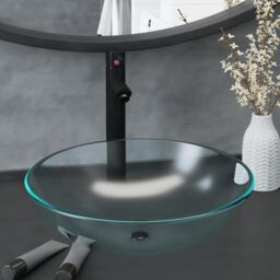 Berkfield Home Bathroom Sink with Tap & Push Drain Frosted Tempered Glass in Black