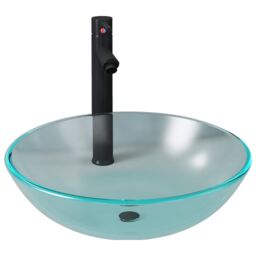 Berkfield Home Bathroom Sink with Tap & Push Drain Frosted Tempered Glass in Black - thumbnail 2